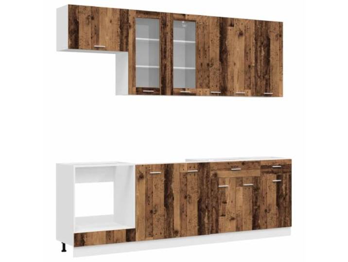fsahslih Küchenzeile Lyon 8-Teilig Küchenschrank Set Holzwerkstoff Altholz Modulare Küchenschrankkombination für die Küche mit verstellbaren Füßen, Glasteil und robuster Wandbefestigung.