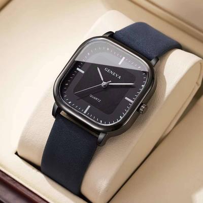 Friendly Fresh Finds Minimalist Mens Quartz Watch With Leather Strap Fashion Square Wristwatch blue Black
