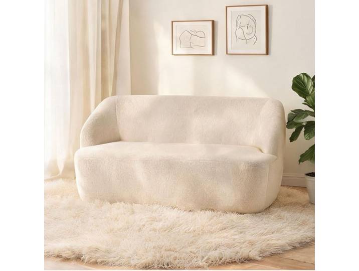 Canapé 2 places en tissu bouclette beige 142 cm design incurvé sans montage