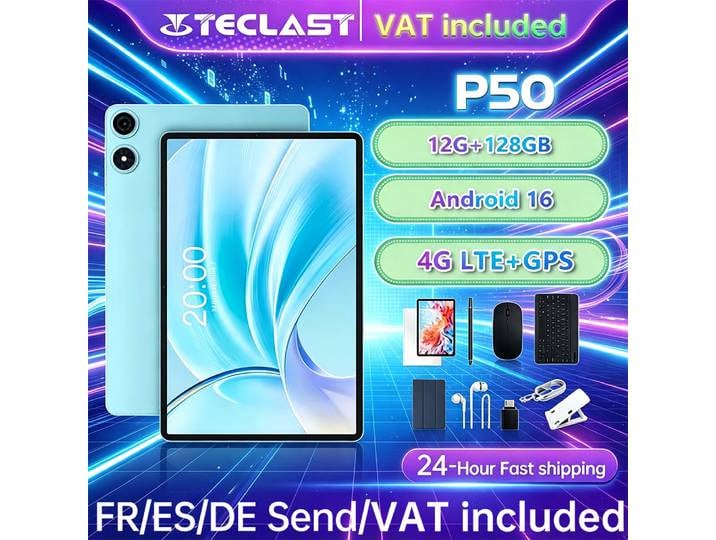 Tablette Teclast P50 2026 Android 16 8 cœurs T606 4 Go de RAM 128 Go de ROM 1280x800 pixels IPS Bluetooth 5Mah Type-C 8Mp+5Mp Wifi TLA002