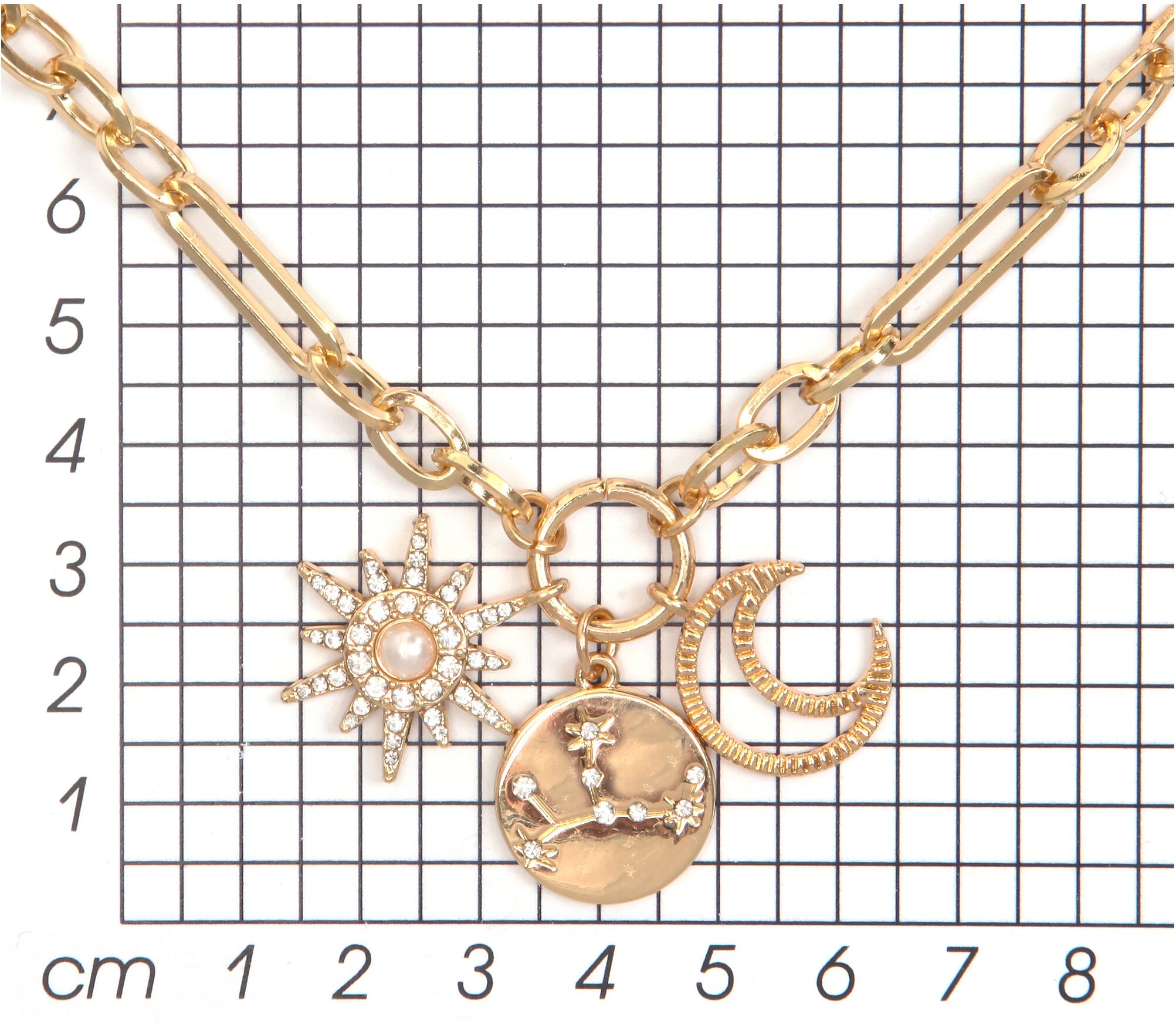 Kette mit Anhänger FIRETTI "Halsschmuck Gliederkette Sonne, Mond, Sterne", gold (gelbgoldfarben, kristallweiß, weiß), Halsketten, Damen, Metall Perlen, L: 64 B: 1mm, Metall, Perlen, Kette mit Anhänger, mit Glasstein - mit Acrylperle, B:1mm gelbgoldfarben,
