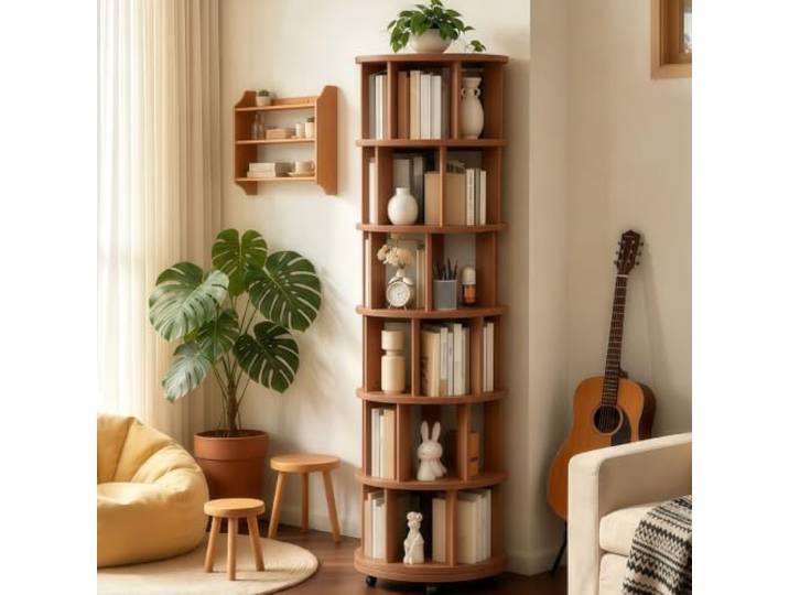 BOCXYTX Drehbares Bücherregal 360° mit Rollen Holz Regal Schlafzimmer Massivholz - Premium Qualität - Rundes Karussell - Feststellbaren Rollen Platzsparend Aufbewahrungsregal Organisator