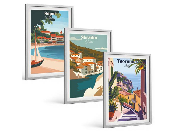 Tulup Bilder SET 3er Set - 40x60 cm Silberner Rahmen - Illustrationen von Küstenstädten, Silberfarben, Kunststoff, Rechteckig, 40x60 cm, gerahmt, Bilder & Rahmen, Bilder