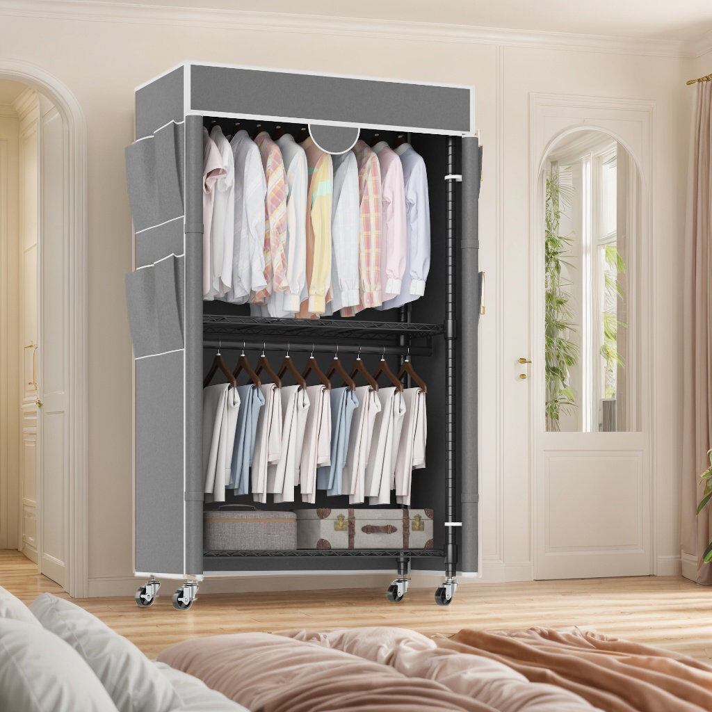 Rebrilliant Anjo 89.18 cm Adjustable Rolling Clothes Rack Light Grey 85cm L