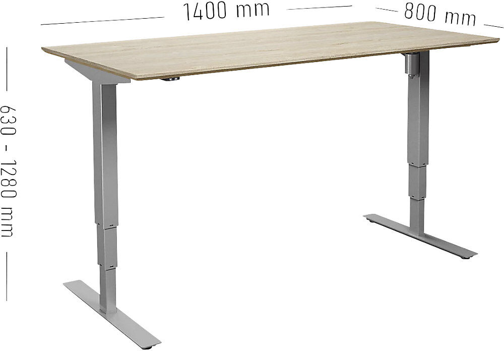 kaiserkraft Schreibtisch Atlanta Trend, elektrisch höhenverstellbar, gerade, BxT 1400 x 800 mm, Eiche/silber
