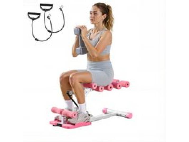 VEVOR Machine à Squats Domestique, Appareil d'Entraînement des Fessiers Réglable avec 3 Bandes de Résistance, Banc à Squat Pliable, Équipement d'Entraînement pour Fitness à Domicile, Rose et Blanc