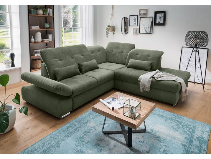Ecksofa mit Ottomane & Funktion Grün Webstoff Jimin 280 x 86 x 254cm Ottomane davorstehend rechts mit Schlaffunktion Modern