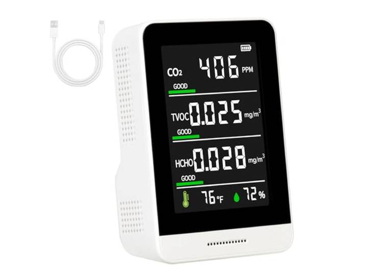 LFURDEM 5-in-1-Luftqualitätsmonitor, intelligenter Luftqualitätsprüfer für den Innenbereich für CO2/TVOC/HCHO/TEMP/Luftfeuchtigkeit, geeignet für Babyzimmer, Wohnzimmer, Büro, Küche, Lager