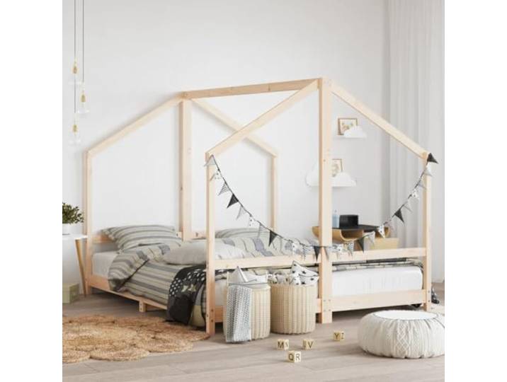 LPERTGFHU Kinderbett Massivholz Kiefer Spielhaus Rahmen Lattenrost 80x200 Rustikales Design, Für 2 Matratzen geeignet, Einfacher Ein- und Ausstieg