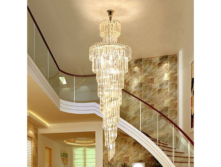 Nouveau Design grand plafonds hauts décoratifs salon Chrome suspension lampe escalier en colimaçon Lng moderne luxe lustre en cristal
