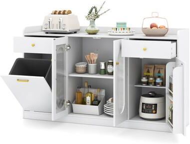 Costway Large Buffet Cabinet Hidden Tilt Out Trash Can Cabinet with 2 Glass Doors-White