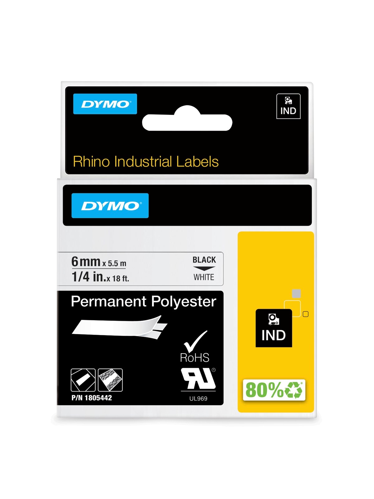 DYMO Rhino Industrie Permanente Polyesteretiketten | 6 mm x 5,5 m | Schwarz auf Weiß