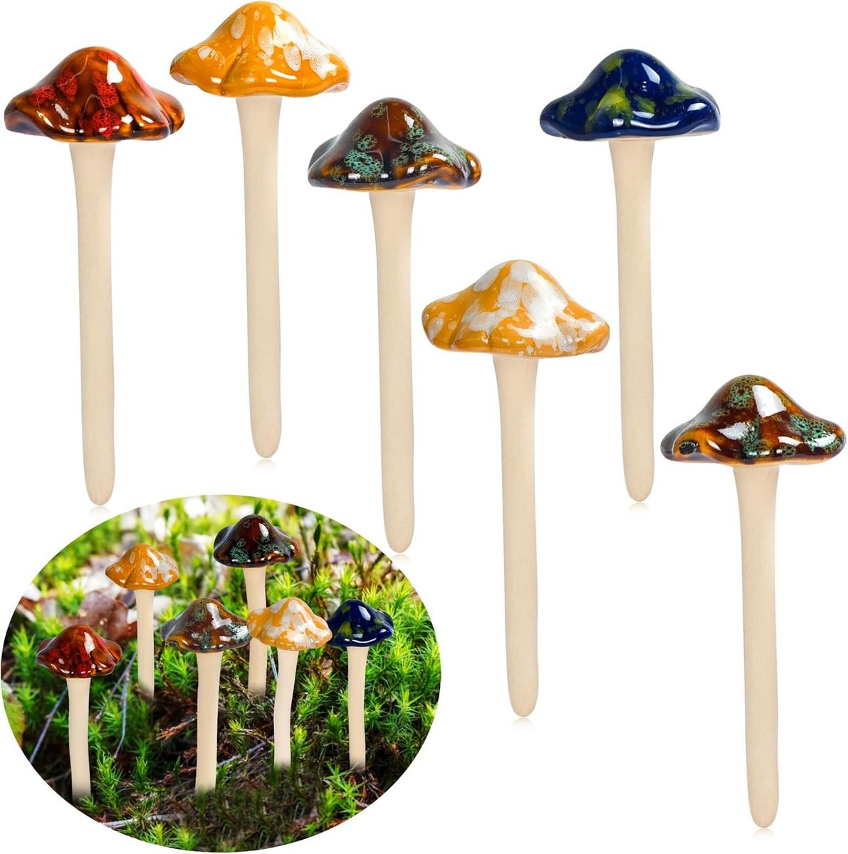 Set van 6 meerkleurige keramische paddenstoelen voor tuin decoratie