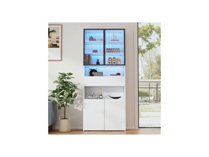®TONLRGY Vitrine 70*30*200cm avec tiroirs portes vitrées et LED bibliothèque vitrine autoportante blanche