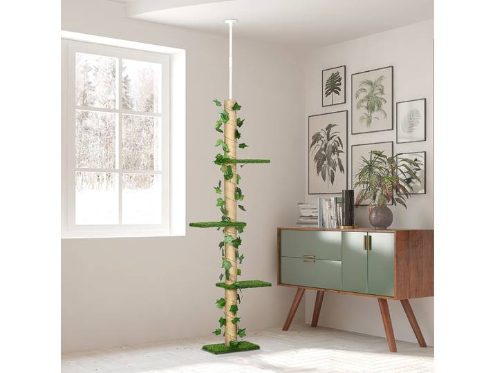 PawHut Arbre Chat Plafond Réglable 4 Niveaux Vert