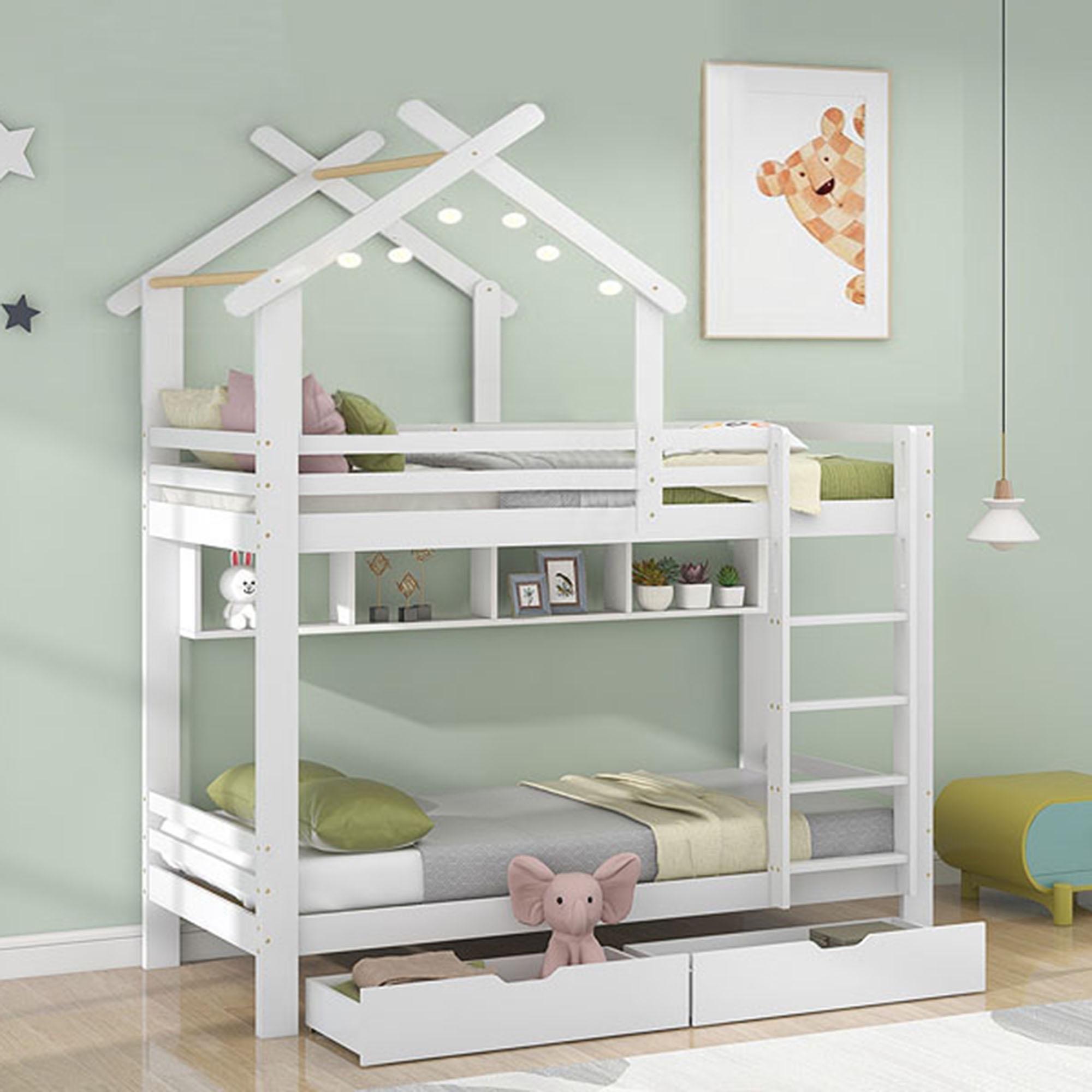 STILVORA Etagenbett 90x200cm mit zweiMatratze, Kinderbett mit Schubladen und Regalen, Hausbett mit dreistufige rechtwinklige Leiter, Weiß, mit Fallschutz und Gitter