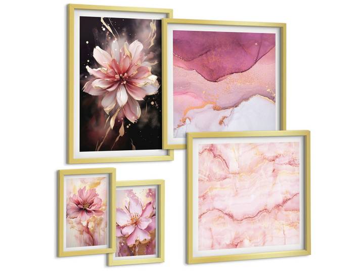 BILDER SET 5er Set - 50x50 cm & 20x30 cm & 40x60 cm Goldrahmen - Waldlandschaften der Wildnis