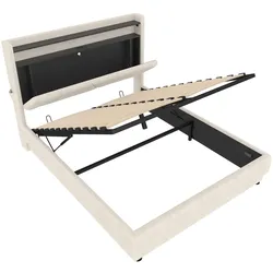 OKWISH Bettgestell Samt Kopfteil-Regal, LED-Lichtband, Gasdruck-Lattenrost, USB & Type-C Anschlüsse, Stauraum, Wellen-LED Seitenbeleuchtung 160x200cm, Beige
