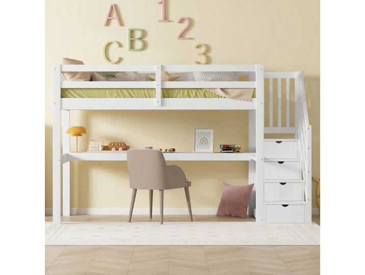 Lit en mezzanine - GUTENT - 90x200cm - Blanc - Bureau intégré - Tiroirs de rangement