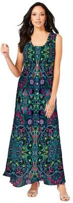 Plus Size Women's Plus Size Sleveless Hand-Crinkled Button-Front A-Line Maxi - Curvy Breezy Dress by Roaman's in Tropical Emerald Mirrored Medallion