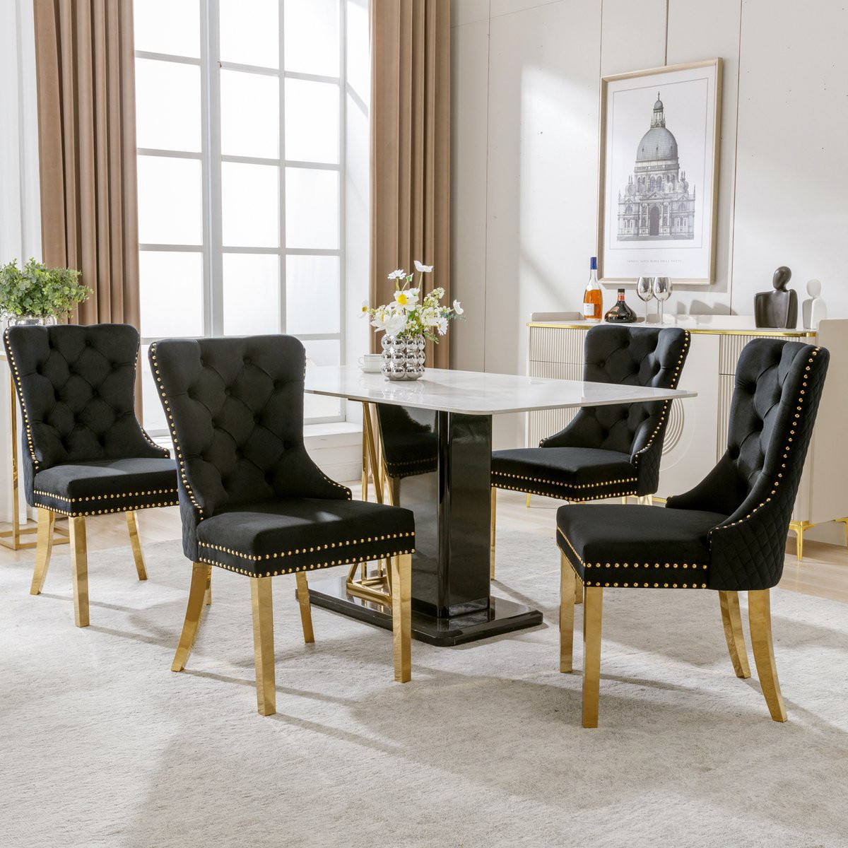 Set van 4 Welltin Eetkamerstoelen - Zwart - Fluweel - Scandinavisch Design - Metalen Poten
