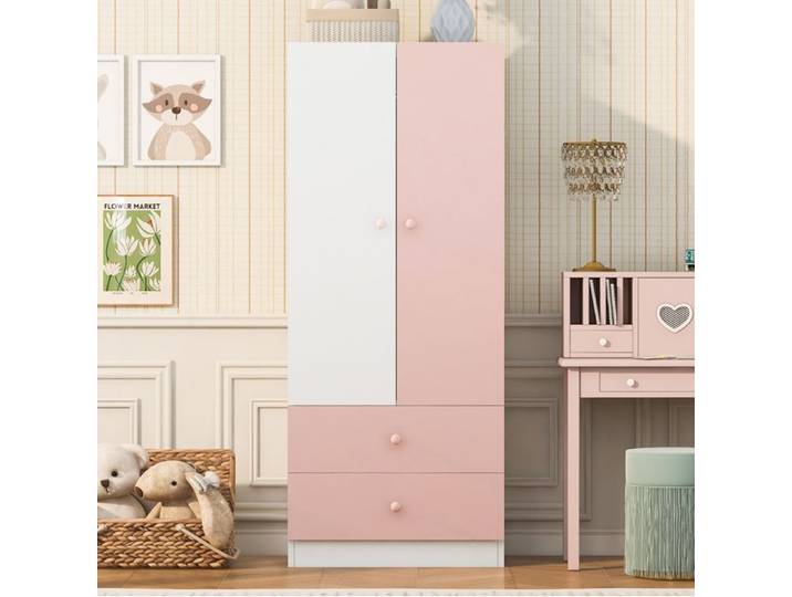 Armoire De Chambre 70x40x170cm Rose/Blanc Armoire Penderie FloraGrace Pour Chambre Montage À Faire Soi-Même Avec 2 Tiroirs