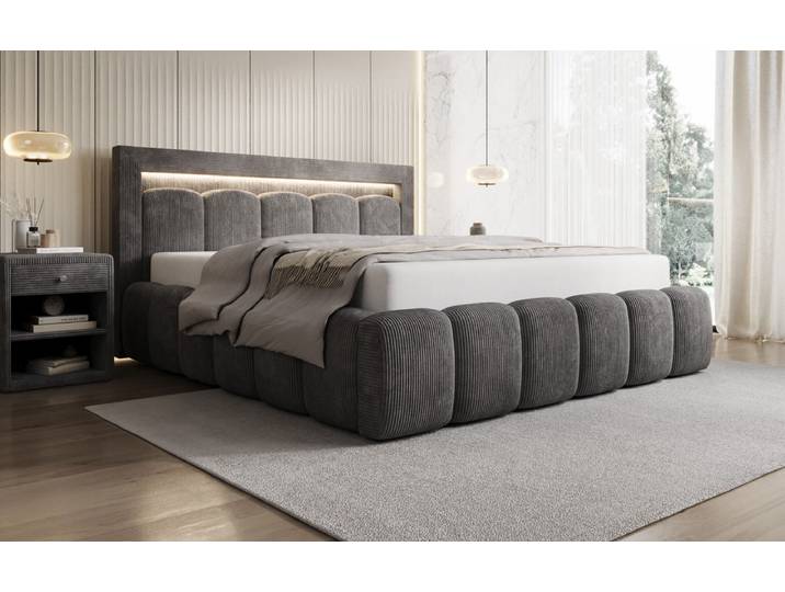 Designer Polsterbett Lume in Cord mit Stauraum und RGB Beleuchtung - 140x200 - Grau - Luxusbetten24