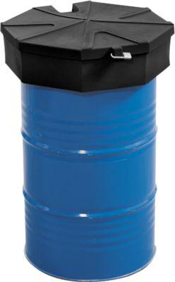 Fasstrichter, Polyethylen, schwarz, Ø 690 x H 190 mm, Füllvolumen 22 l, mit Deckel und Sieb