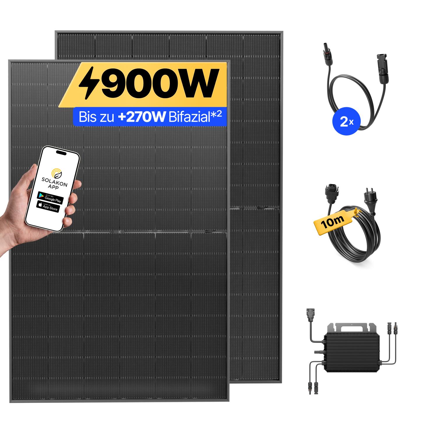 Balkonkraftwerk 900W Solaranlage Steckerfertig Komplettset Photovoltaik Anlage 800W, Kabellänge: 10m, Solakon - onLite