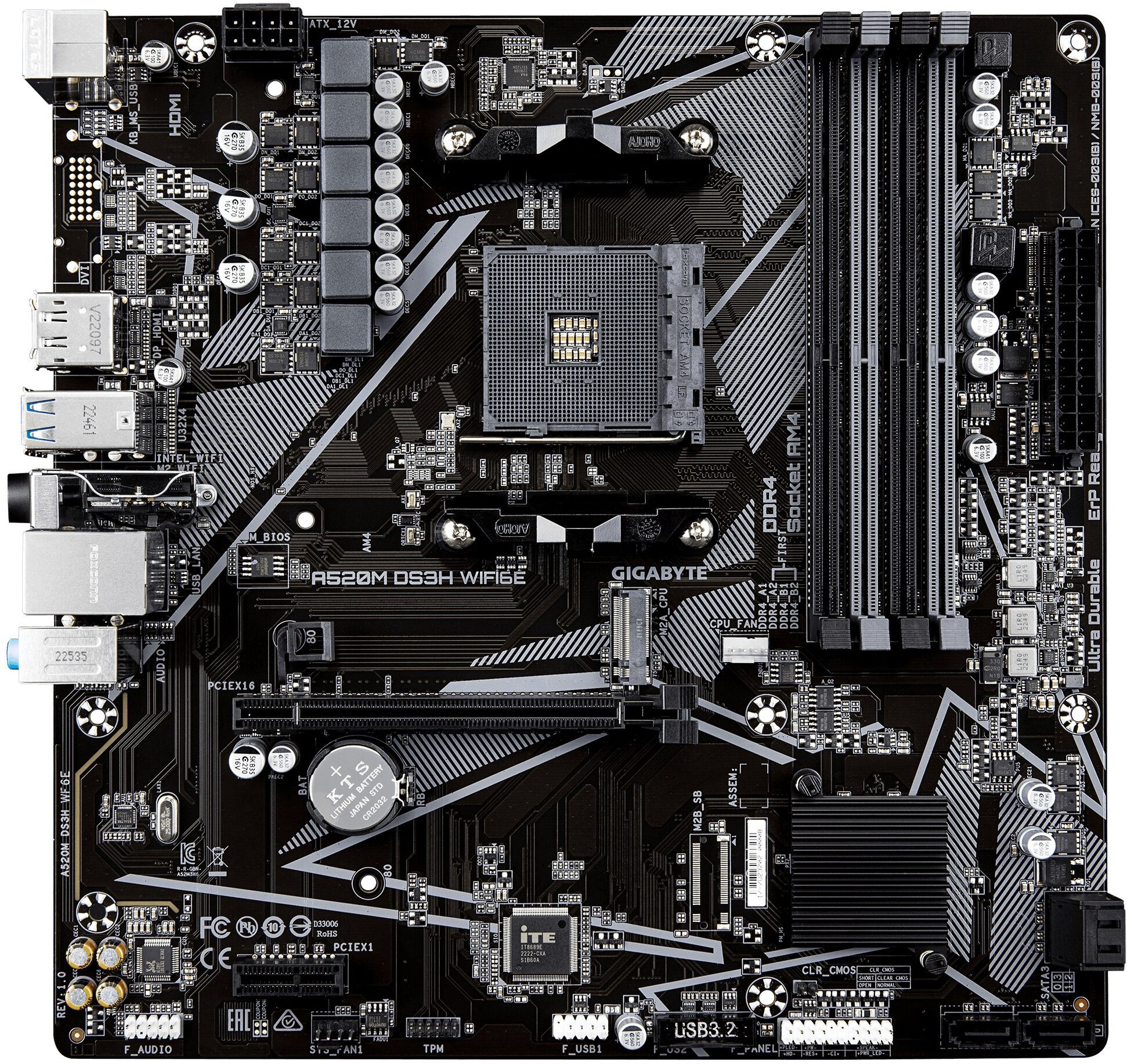 GIGABYTE A520M DS3H WIFI6E AMD A520 Socket AM4 Micro-ATX Motherboard - Supports AMD Ryzen 5000 Series CPUs, 4x DDR4 up to 4733MHz (OC), 1x PCIe 3.0 M.