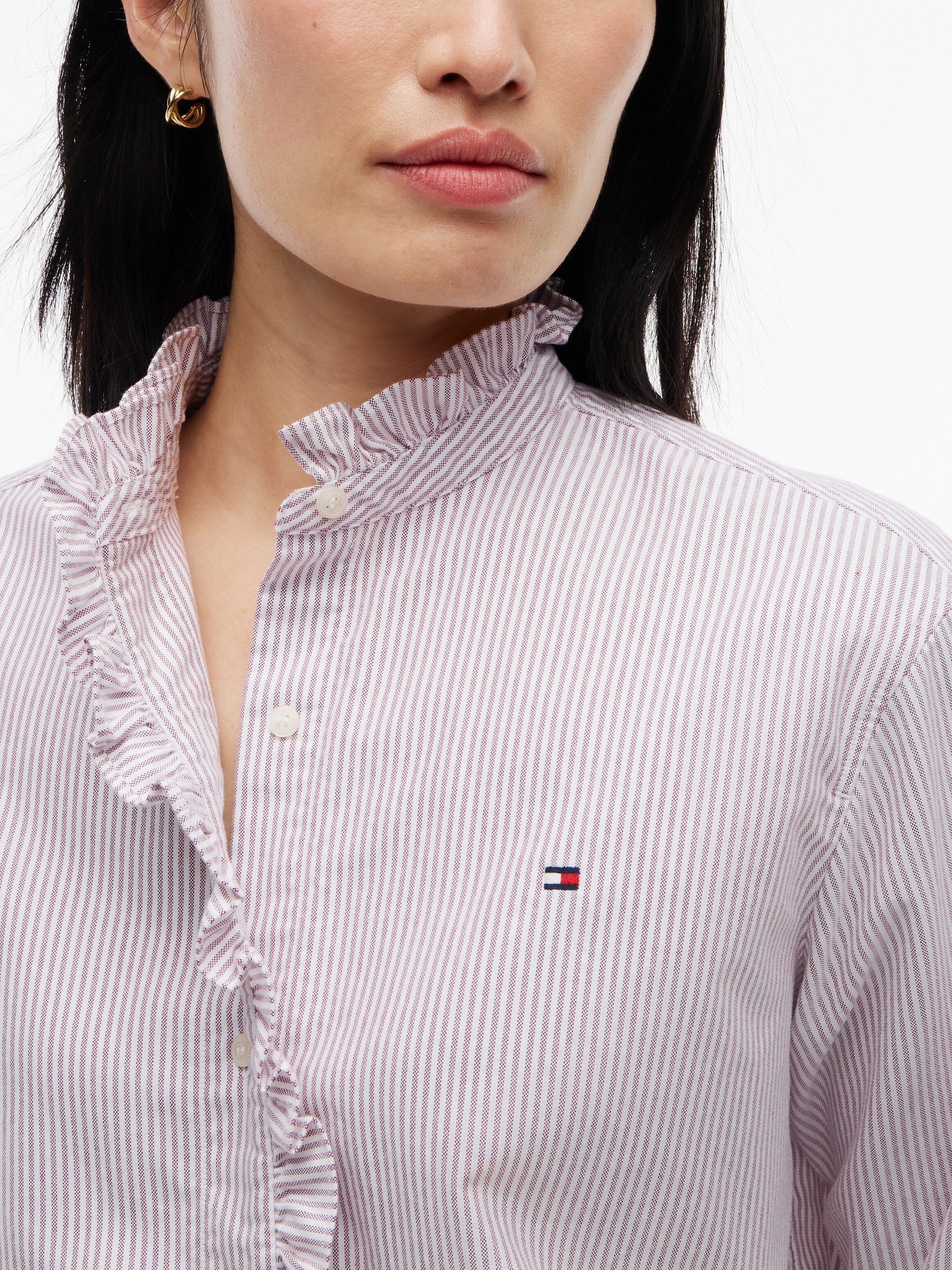 Langarmbluse TOMMY HILFIGER "OXFORD RUFFLES RELAXED LS SHIRT", Damen, Gr. 46, rosa (classic ithaca stp burgundy), Web, Obermaterial: 100% Baumwolle, gestreift, relaxed fit normal, Blusen Langarmbluse, Baumwolle, relaxed fit, mit Rüschen Detail classic ith