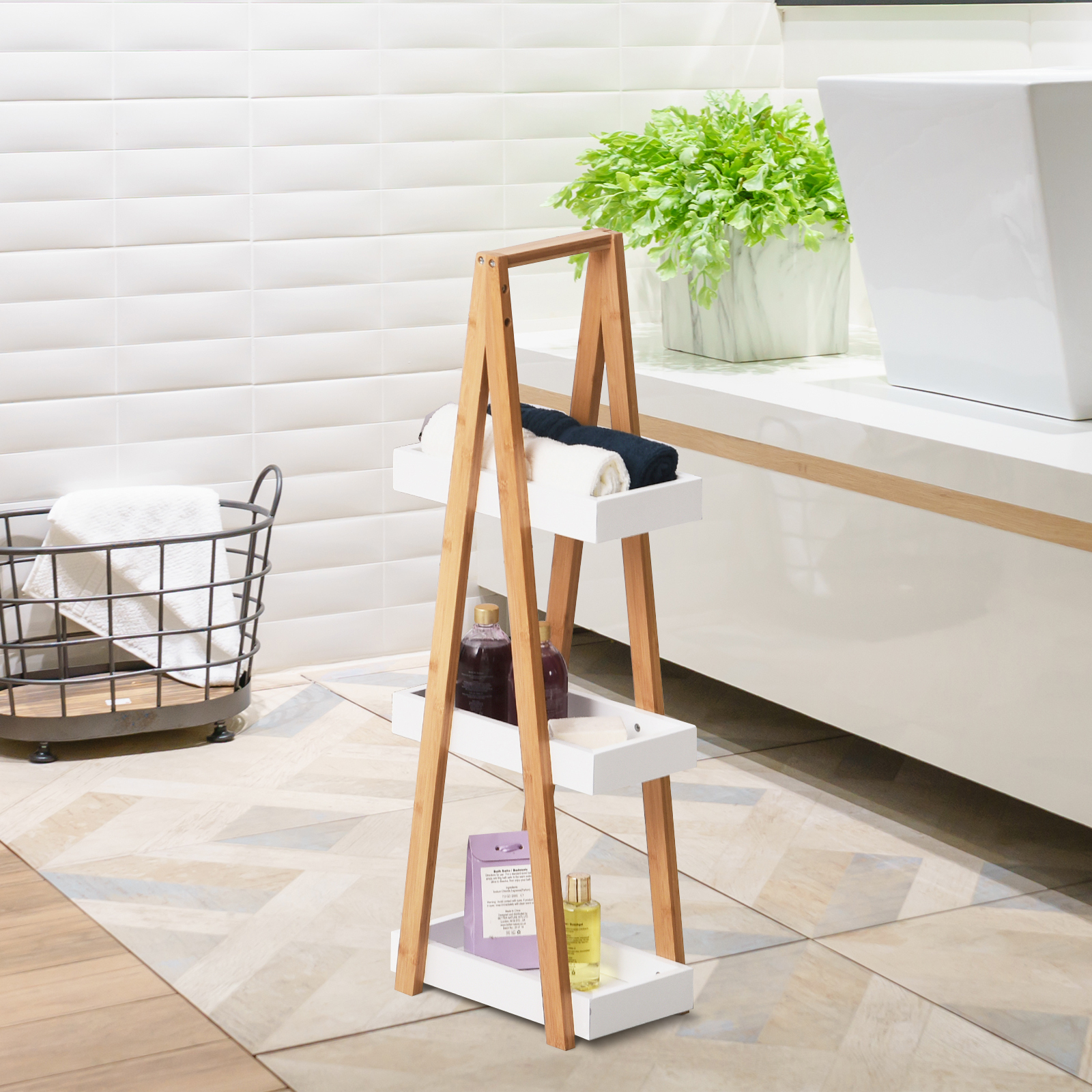 Kleankin Scaffale Bagno 3 Ripiani in MDF e Bambù naturale, Struttura piramidale, 30x18x81cm, Colore Legno e Grigio Aosom Italy