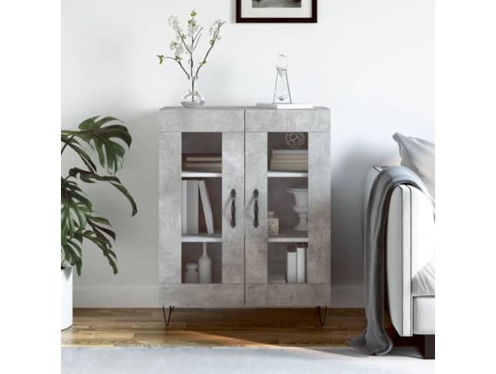 RJPLMFV Anrichte, grau, Beton, 69,5 x 34 x 90 cm, Holz, Technik Glastüren, Füße aus Metall, Regale, Wandbefestigung inklusive