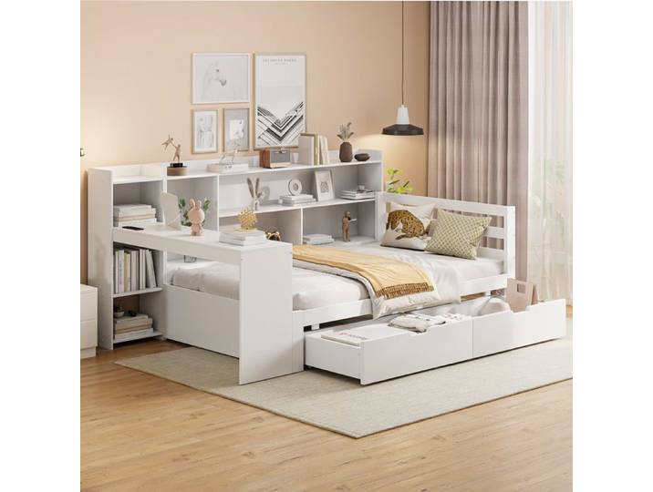 Lit multifonction - MERAX - Lit simple 90x200 cm - Bureau intégré - 2 tiroirs - Prise USB