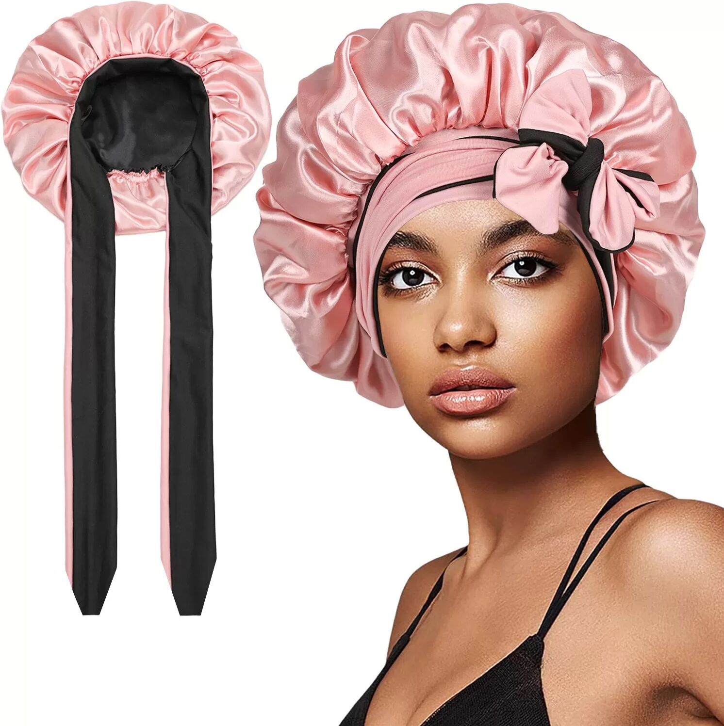 INF Bonnet de Nuit en Satin Double Épaisseur avec Sangles Réglables - Bonnet de Beauté pour Cheveux Rose