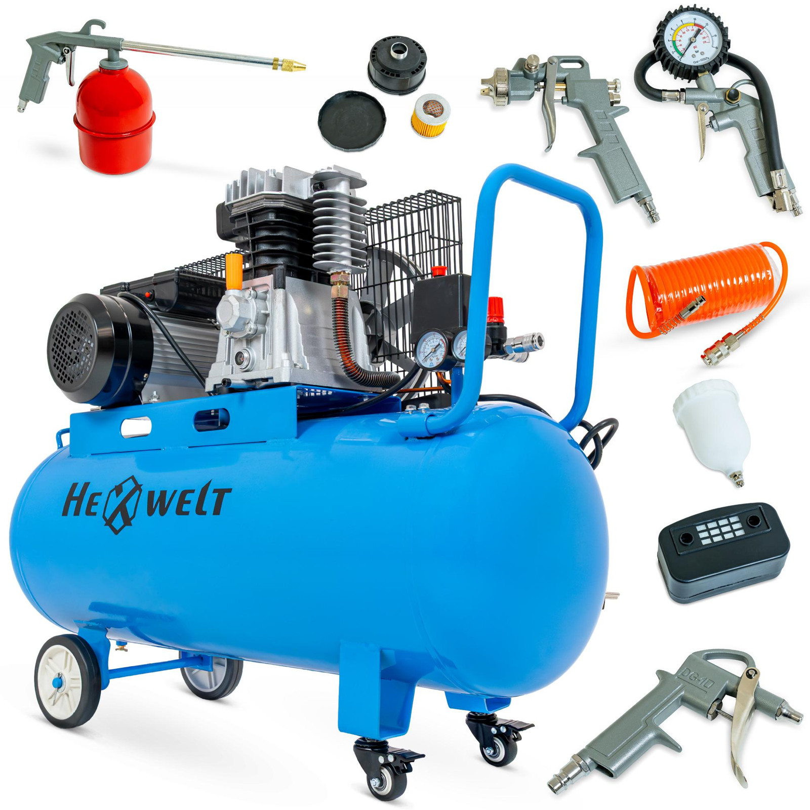 THUNDER Oliecompressor HEXWELT, 100 liter, 2200 W, 8 bar, 370 liter/minuut, 1-cilinder, met accessoireset