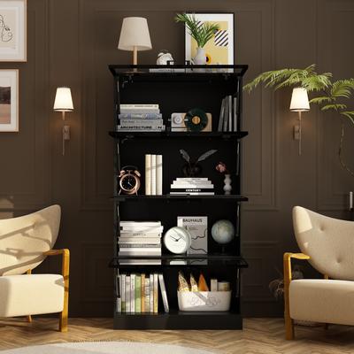 Timechee Stylish Aluminum Bookshelf with Four Hinged Doors and Strips Lighting
