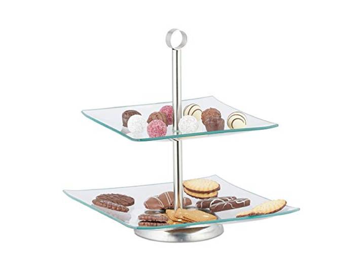Relaxdays Etagere 10er Set, 2 stöckig, eckig, Cupcake, silber/transparent Obst, Muffin, Servierständer, Glas, Edelstahl
