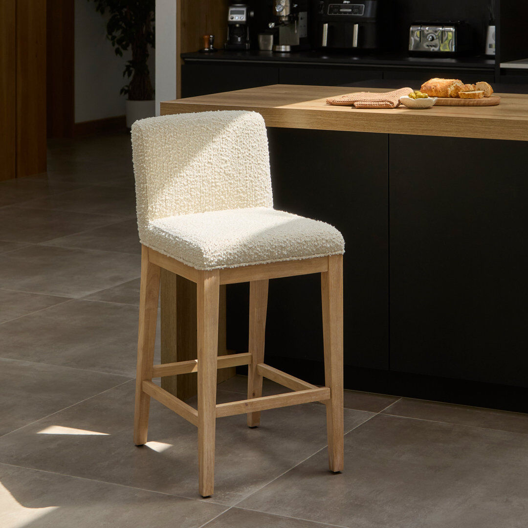 Brayden Studio Bar Stool Off white Boucle Seat/Whitewash Oak Frame 96cm H X 43cm W X 53cm D