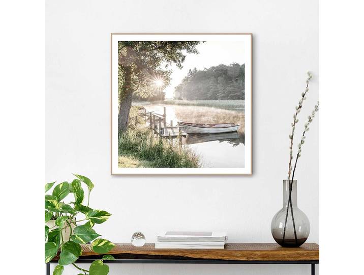 Tableau déco encadré Rise and Shine Impression dans cadre en bois, enduit Vert/Vert 50 x 50 x 1cm