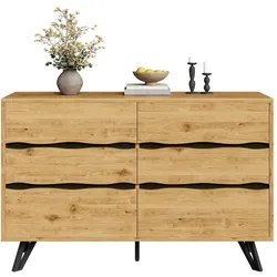 OKWISH Sideboard 120x40x75cm mit 6 Schubladen, Kommode, Aufbewahrung, modern, Holzoptik, Metallfüße, vielseitig, Wohnzimmer Esszimmer, Holzfarbe