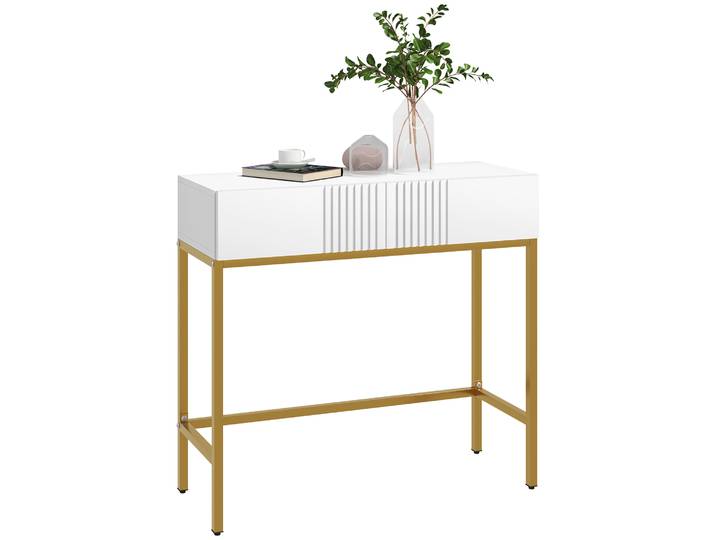 HOMCOM Table console, console meuble, avec 2 tiroirs, base en acier, pieds antidérapants, pour entrée, salon, blanc