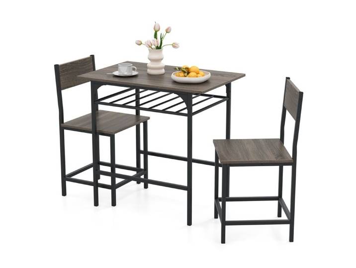 COSTWAY Ensemble Table et Chaises de Salle à Manger pour 2 Personnes - Cadre en Métal Étagère Gris