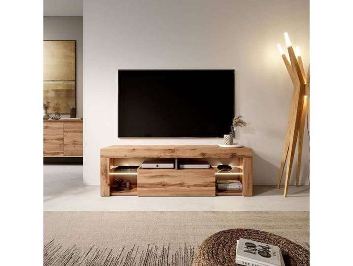 Meuble TV - SELSEY - BIANKO - 140 cm - Chêne Lancaster - LED