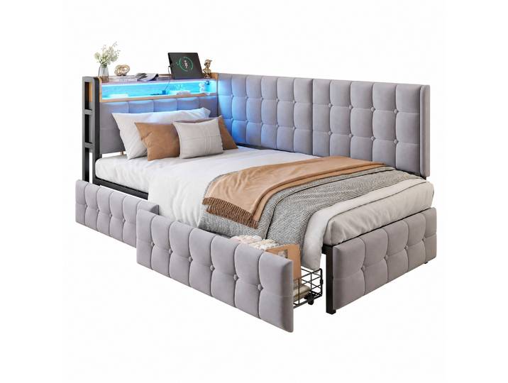 Divano Letto 90x200 Cm In Velluto Grigio\, Struttura In Metallo\, Led\, Usb E Cassetti - Chicfurn