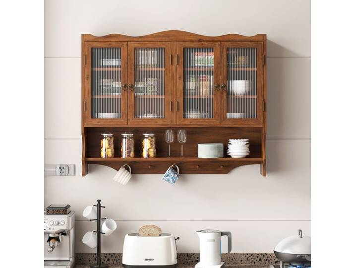 Armoire murale 4 Portes Vitrées Niche Ouverte et Crochets - BEAUNIV - Vintage pour Cuisine Marron 100×20×80 cm