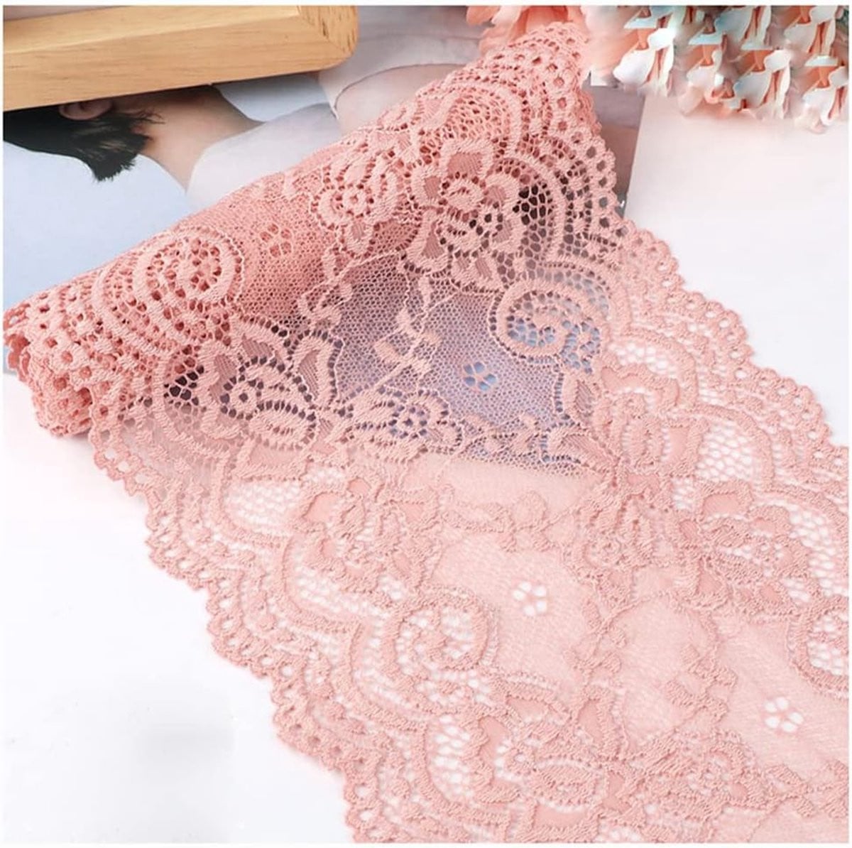 Roze kanten lint met bloemenrand, 15 cm x 2 m, decoratieve stretch sierband voor kleding en accessoires