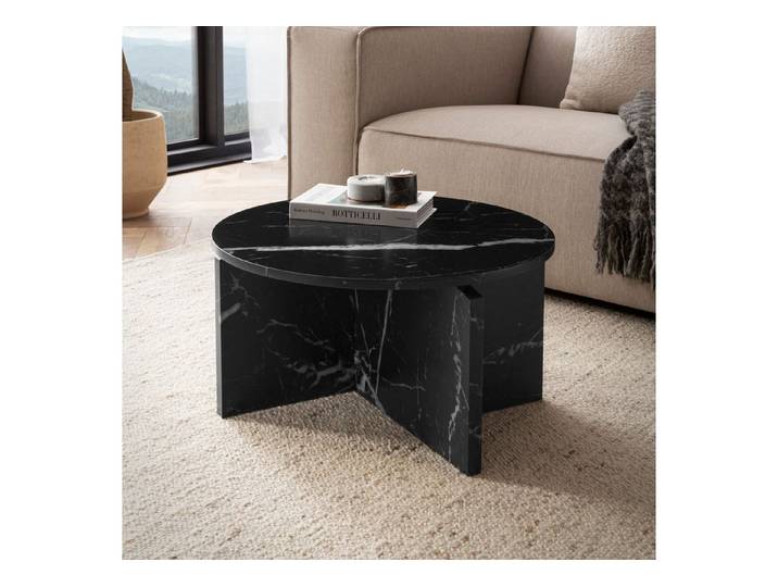FINEBUY Couchtisch FB59741 60 cm Wohnzimmertisch Sofatisch Rund Klein Kaffeetisch (Wohnzimmertisch Marmor Optik, 60x60x33 cm MDF), Kaffeetisch Groß Klein, Sofatisch Schwarz Modern