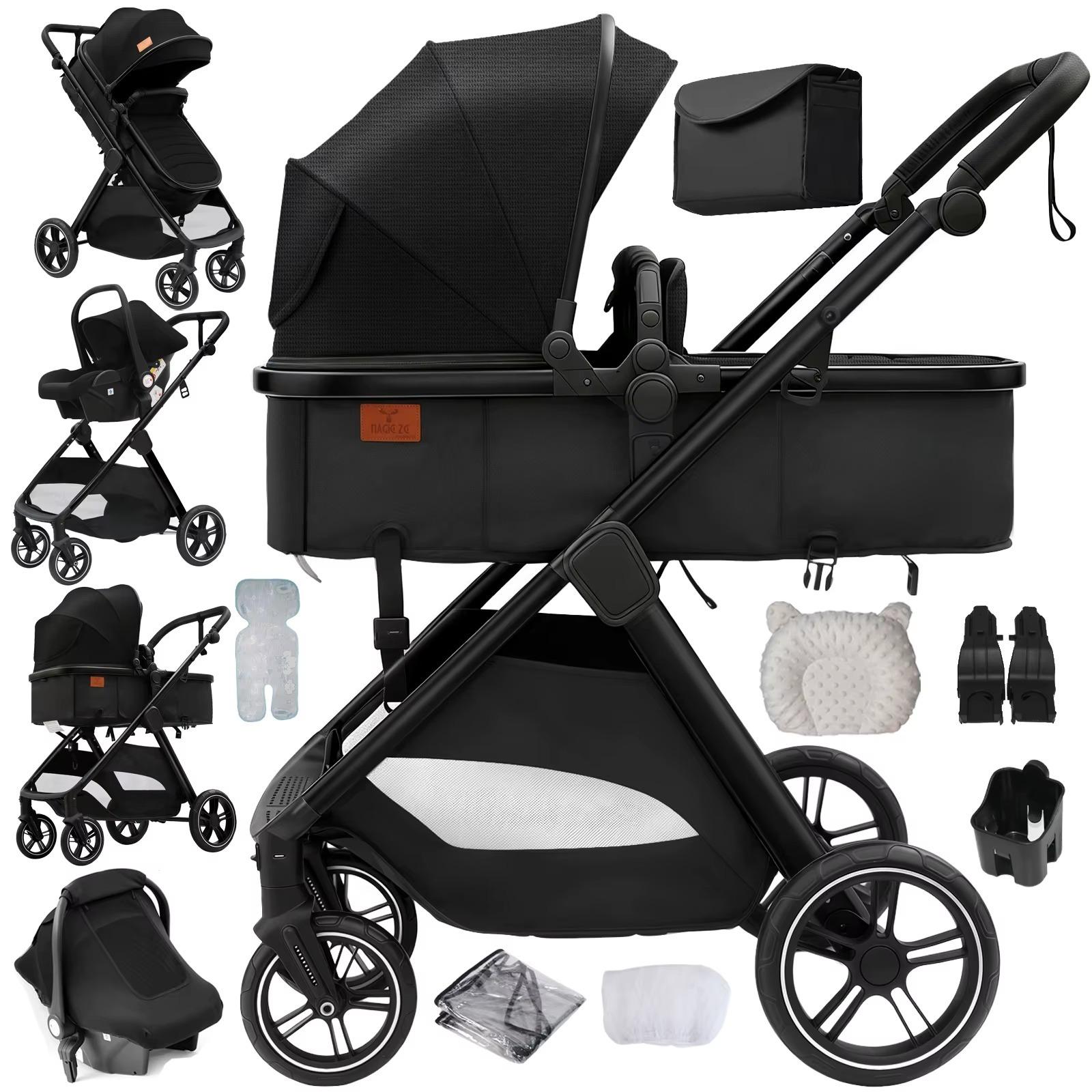 3-in-1 Kinderwagen - V10 - Leicht - Zusammenklappbar - Autokindersitz-Kompatibel - Wende-Tragetasche - Stoßdämpfende Räder - Schwarz