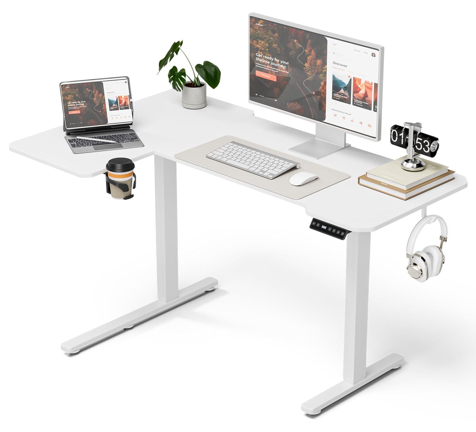 Selius Elektrisch Verstelbaar L-vormig Staand Bureau met Wit Houten Blad voor Thuiswerkplek of Gaming